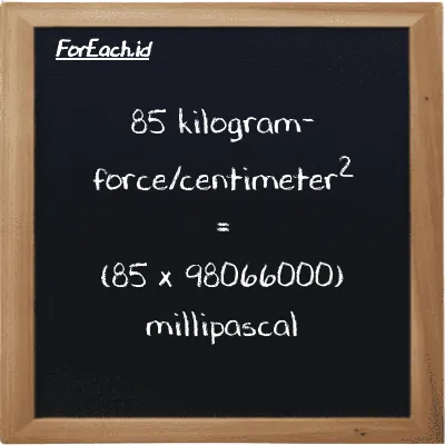 How to convert kilogram-force/centimeter<sup>2</sup> to millipascal: 85 kilogram-force/centimeter<sup>2</sup> (kgf/cm<sup>2</sup>) is equivalent to 85 times 98066000 millipascal (mPa)